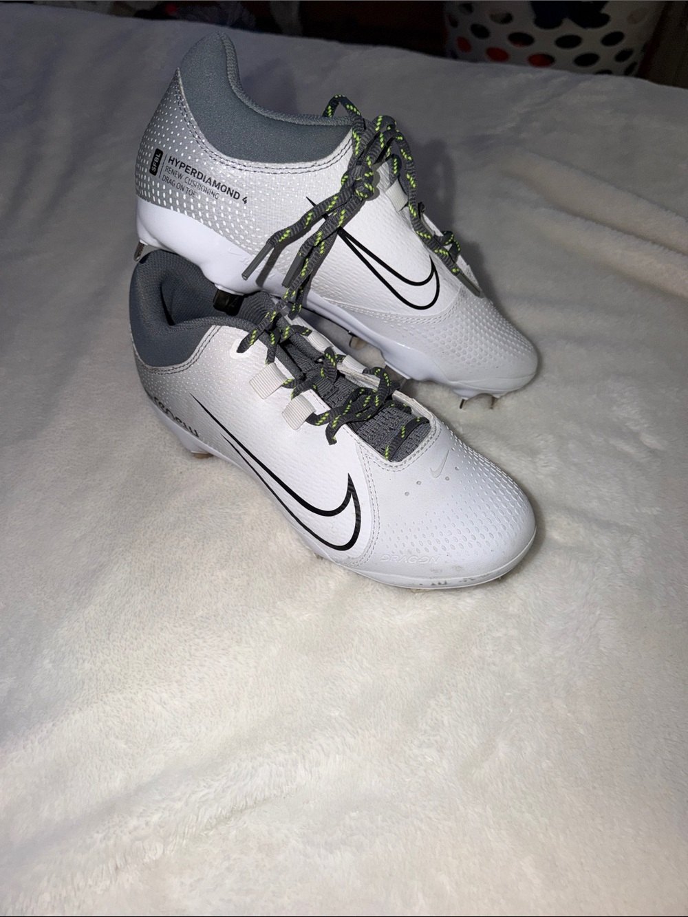 Nike Men’s White and Gray Hyperdiamond Cleats with Black Swoosh